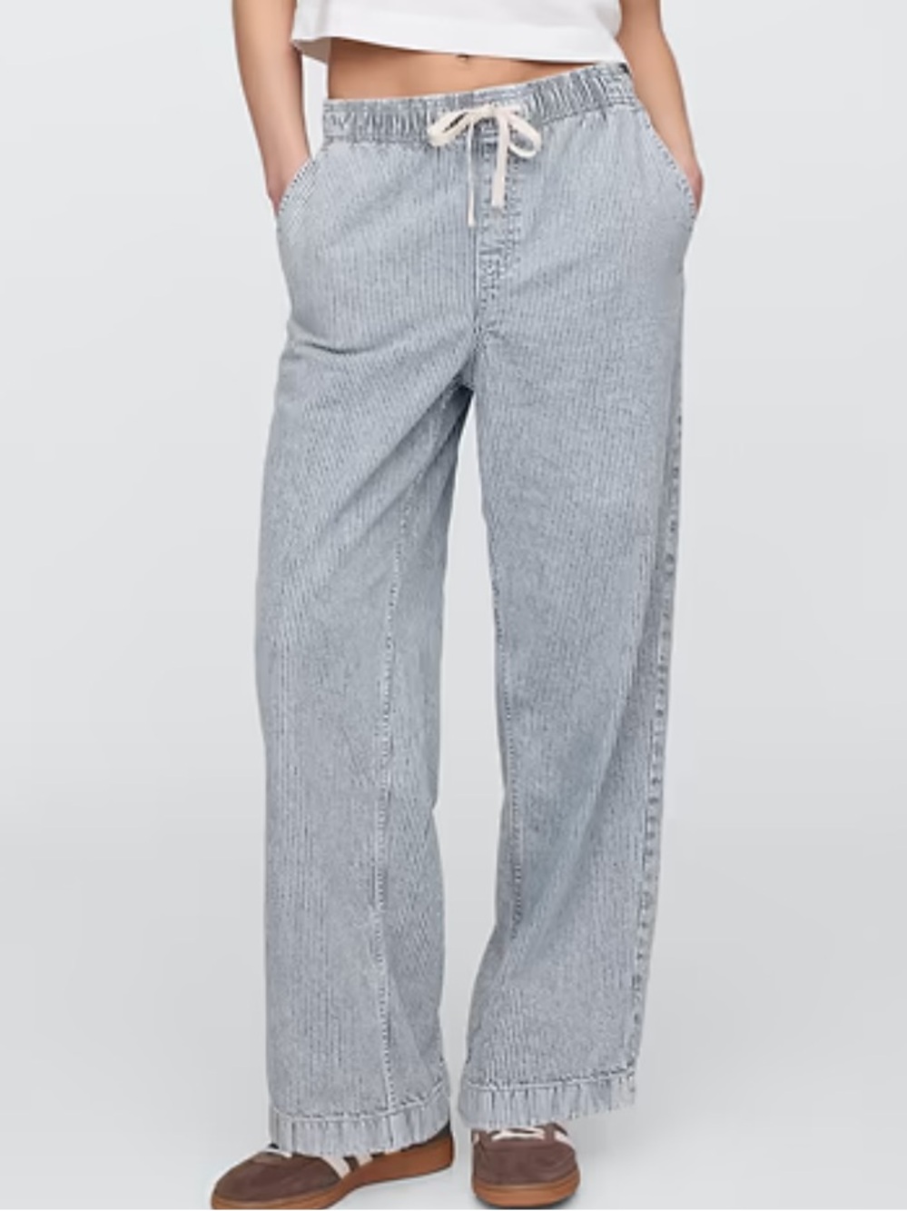 GAP Hi-Rise Wide Leg Pull-on Drawstring Denim Pants in Light Blue Stripe, L NWT